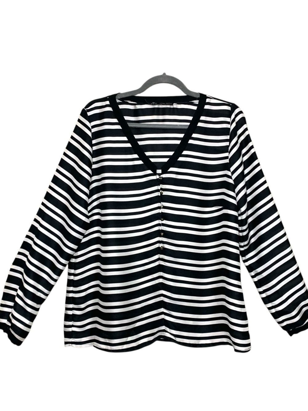 Zara Black & White Striped V-Neck Long Sleeve Blouse Sz XL Flowy Semi Sheer Top